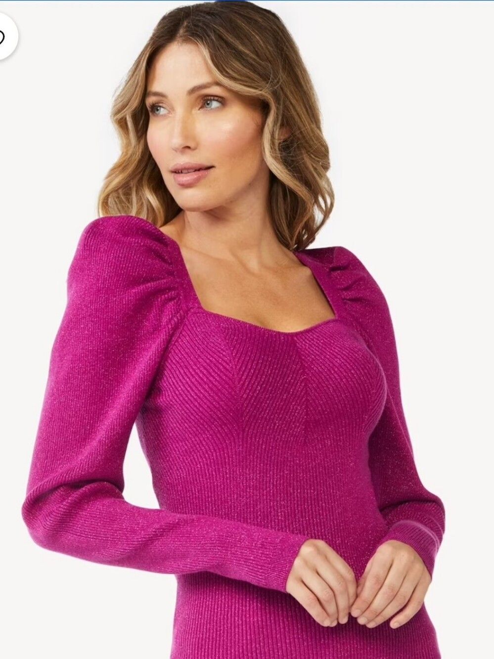 Sofia Jeans by Sofia Vergara Sweetheart Puff Sleeve Shimmer Sweater Magenta XL